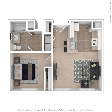 Floor plan for 1 bed, 1 bath, 602 sqft